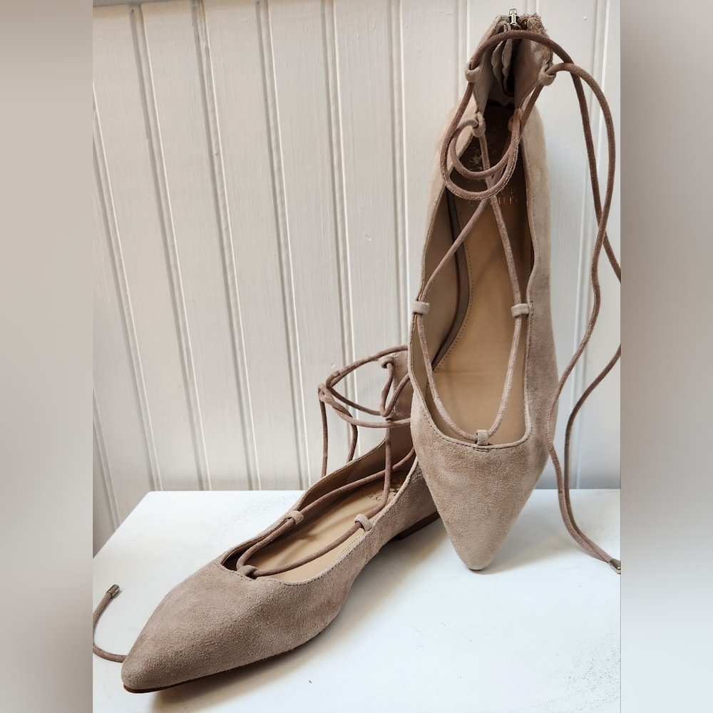 VINCE CAMUTO Tan Suede Lace-Up Ankle Tie Pointed Toe Ballet Flats NWOT